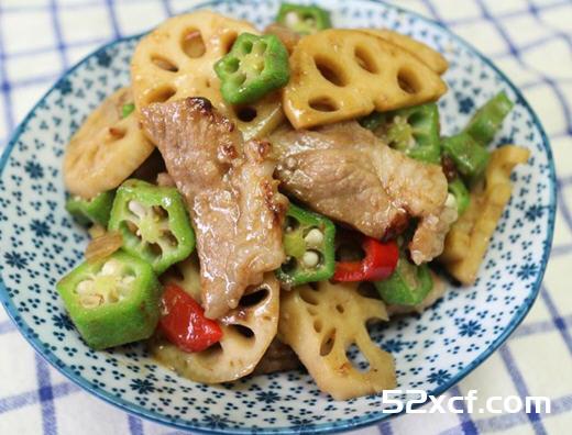 莲藕秋葵烧肉片的做法